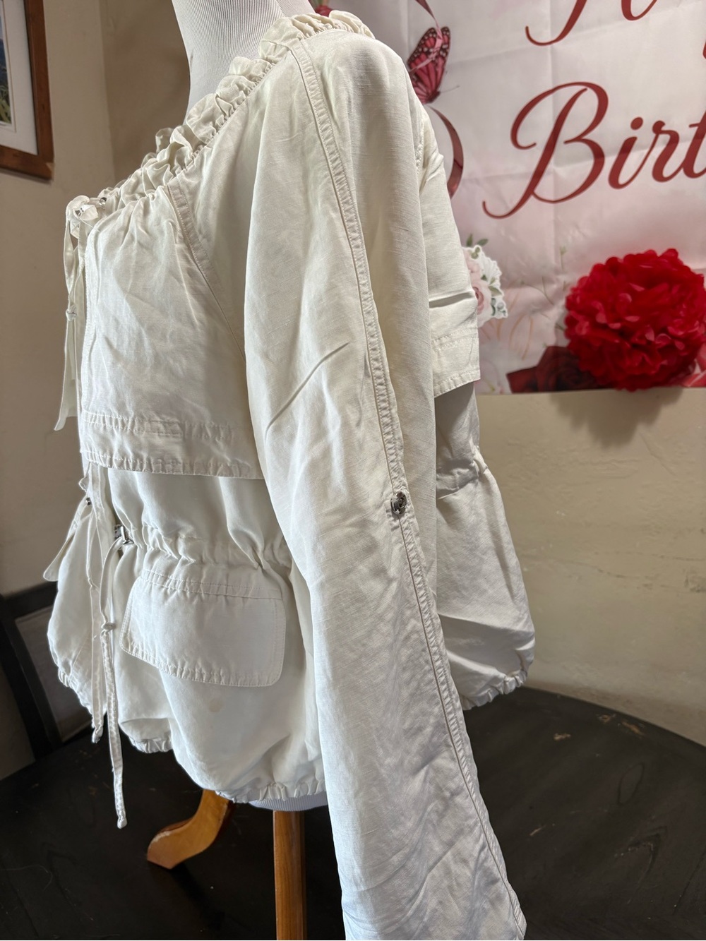 Ali Ro Cream Drawstring Ruffle-Neck Utility Jacket - Picture 4 of 11